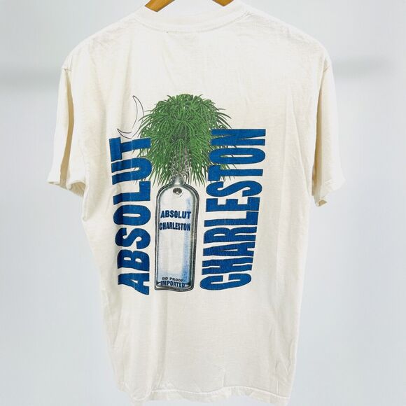 Vintage 90s Absolut Charleston Cream Blue Graphic 100% CottonT-Shirt - Picture 1 of 10